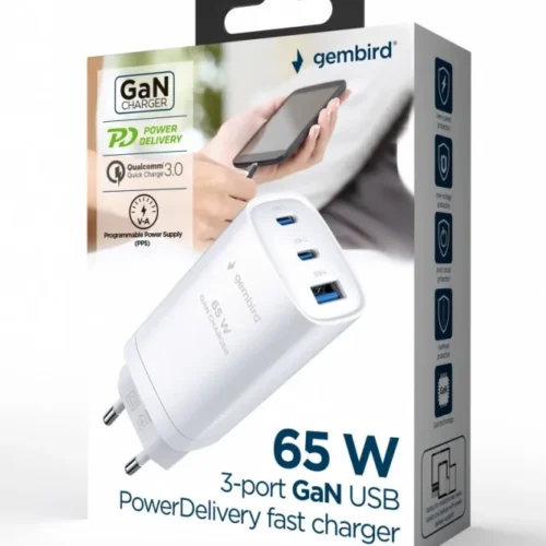 Alternative view of Gembird Power Delivery зарядно 1xA 2xC GaN 65W бял