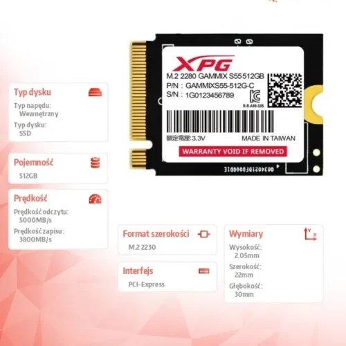 Adata XPG GAMMIX S55 SSD 512GB PCIe 4×4 5/3.8MB/s M2230