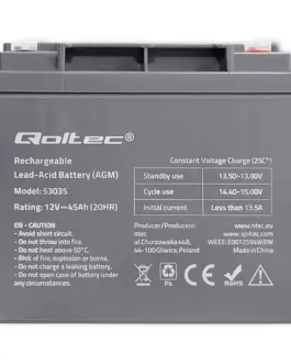 Alternative view of Qoltec Battery AGM 12V 45Ah max.13.5A