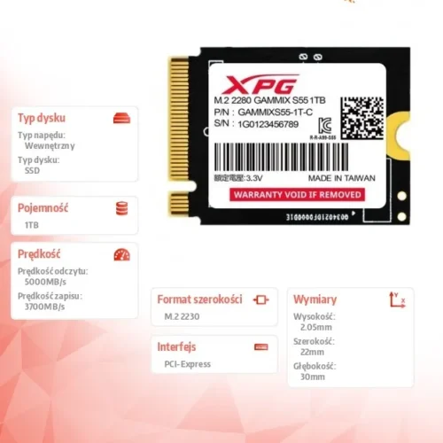 Adata XPG GAMMIX S55 SSD 1TB PCIe 4×4 5/3.7MB/s M2230