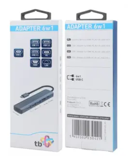 TB адаптер HUB USB C 6in1 - HDMI USBx3 PD RJ-45
