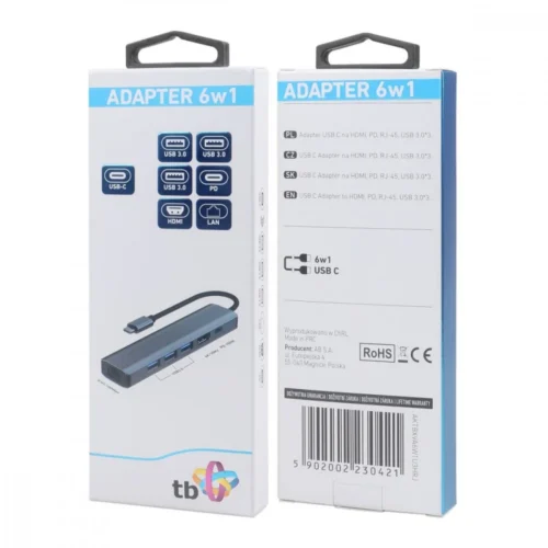 TB адаптер HUB USB C 6in1 - HDMI USBx3 PD RJ-45