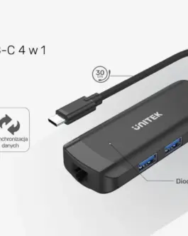 Alternative view of Unitek HUB USB-C, Active, 3x USB-A 5Gbps,RJ-45 1Gbps