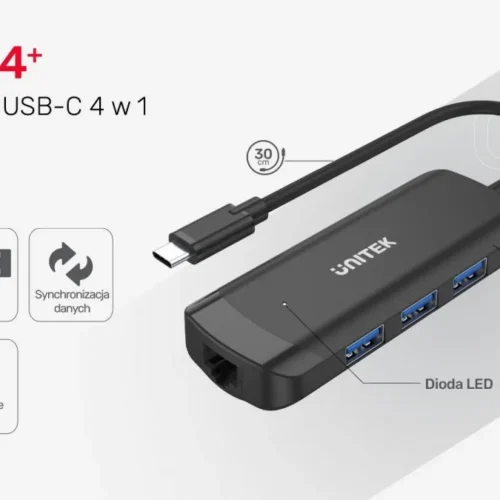 Alternative view of Unitek HUB USB-C, Active, 3x USB-A 5Gbps,RJ-45 1Gbps