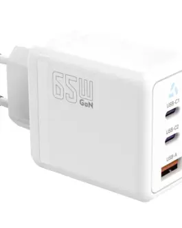 TB зарядно 2x USB C + USB A Power Delivery бял, GaN 65W