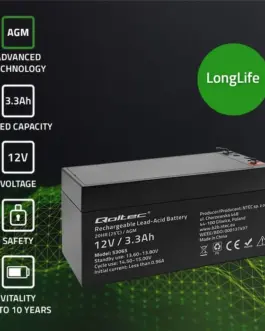 Alternative view of Qoltec AGM battery 12V 3.3Ah, max. 49.5A