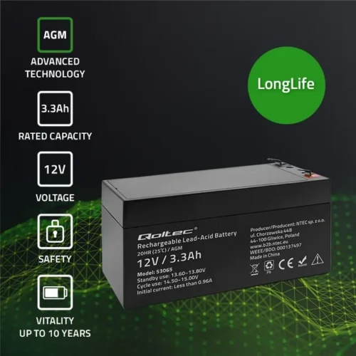 Alternative view of Qoltec AGM battery 12V 3.3Ah, max. 49.5A