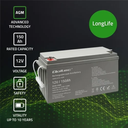 Alternative view of Qoltec AGM battery 12V 150Ah, max. 2250A