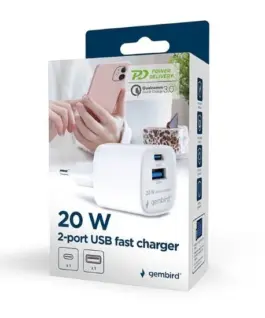 Alternative view of Gembird Mini-ładowarka USB-A USB-C 20W PD QC3.0 biała