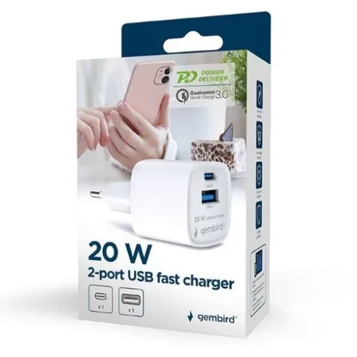 Alternative view of Gembird Mini-ładowarka USB-A USB-C 20W PD QC3.0 biała