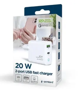 Alternative view of Gembird USB-A/USB-C зарядно LED 20W PD QC3.0 бял