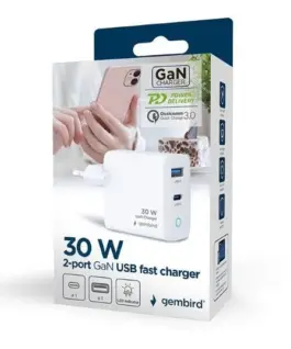 Alternative view of Gembird GaN USB-A USB-C зарядно LED 30W PD QC3.0 бял