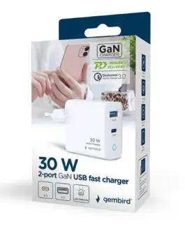 Alternative view of Gembird GaN USB-A USB-C зарядно LED 30W PD QC3.0 бял
