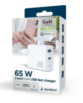 Alternative view of Gembird GaN USB-A USB-C зарядно LED 65W PD QC3.0 бял