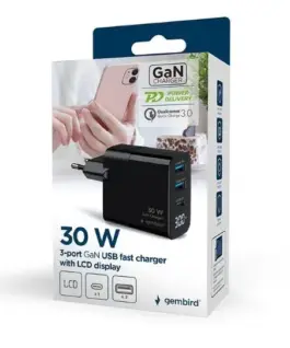 Alternative view of Gembird GaN зарядно 2xUSB-A 1xC LCD 30W PD QC3.0 черен