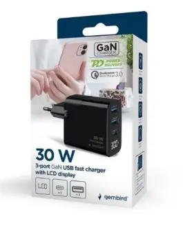 Alternative view of Gembird GaN зарядно 2xUSB-A 1xC LCD 30W PD QC3.0 черен