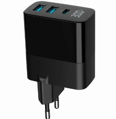 Gembird GaN зарядно 2xUSB-A 1xC LCD 30W PD QC3.0 черен