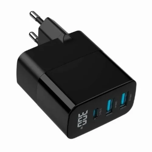 Gembird GaN зарядно 2xUSB-A 1xC LCD 30W PD QC3.0 черен