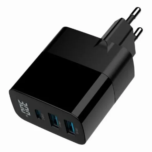 Gembird GaN зарядно 2xUSB-A 1xC LCD 30W PD QC3.0 черен