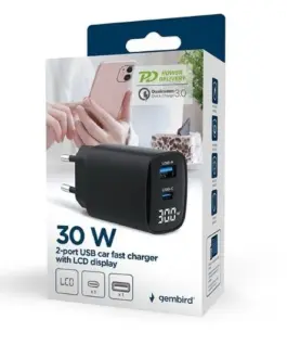 Alternative view of Gembird GaN зарядно USB-A USB-C LCD 30W PD QC3.0 черен