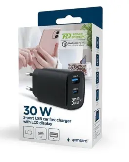 Alternative view of Gembird GaN зарядно USB-A USB-C LCD 30W PD QC3.0 черен