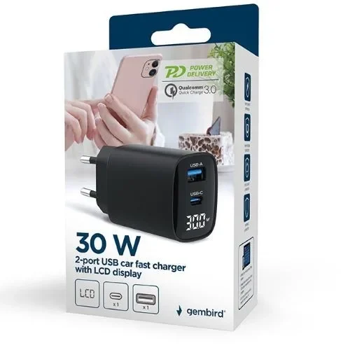 Gembird GaN зарядно USB-A USB-C LCD 30W PD QC3.0 черен