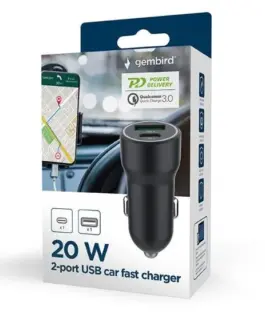 Alternative view of Gembird зарядно за кола USB-A/USB-C 20W PD черен