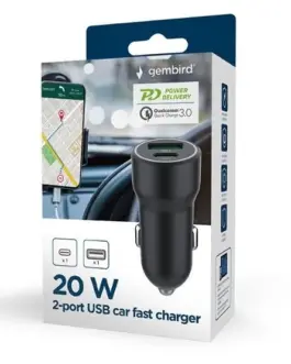 Alternative view of Gembird зарядно за кола USB-A/USB-C 20W PD черен
