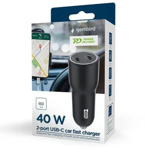 Alternative view of Gembird зарядно за кола 2xUSB-C PD 40W черен