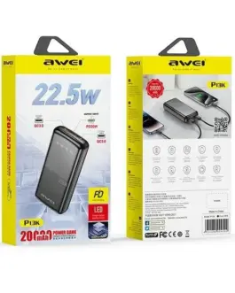 Alternative view of AWEI външна батерия 20000mAh P13K 22,5W 2xUSB + USB-C