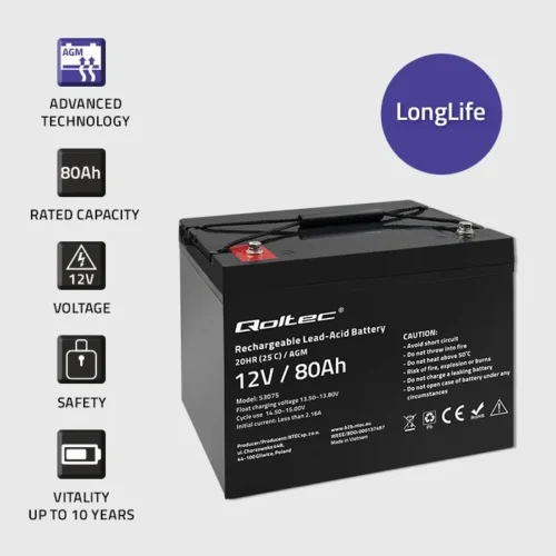 Alternative view of Qoltec AGM battery 12V 80Ah