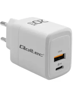 Qoltec GaN 20W зарядно,5V 20V 1.5A 3A,1xUSB C PD,1xUS