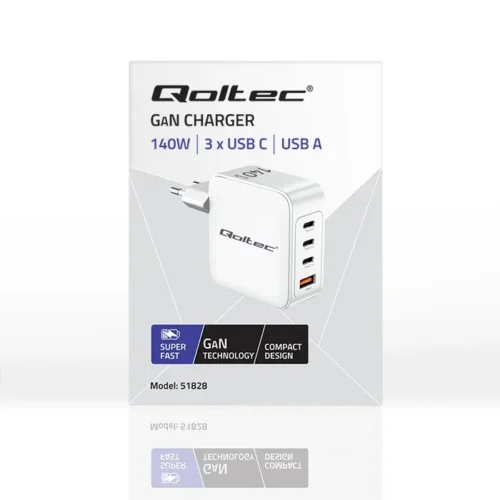 Qoltec GaN 140W зарядно 5V 20V 2.5A 5A