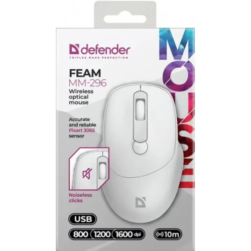 Defender WIRELESS MOUSE SILENT C LICK FEAM бял