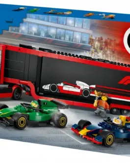 Alternative view of LEGO Bricks City 60445 F1 Truck with RB20 & AMR 24 F1 Cars