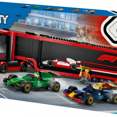 Alternative view of LEGO Bricks City 60445 F1 Truck with RB20 & AMR 24 F1 Cars