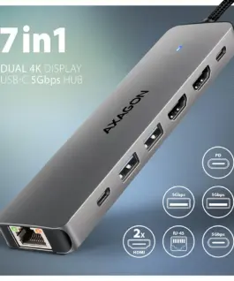 Alternative view of AXAGON HMC-7HX2 USB hub 7in1 5Gbps 2xHDMI GLAN USB-C