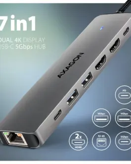 Alternative view of AXAGON HMC-7HX2 USB hub 7in1 5Gbps 2xHDMI GLAN USB-C