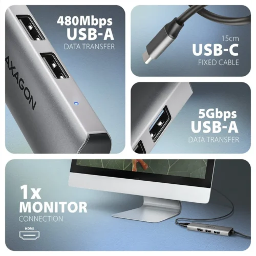 AXAGON HMC-H3A USB hub 4in1 5Gbps HDMI 3xUSB-A USB-