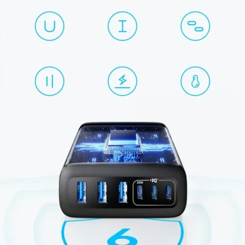 Anker зарядно GaN 112W 3xUSB-A 3xUSB-C черен