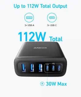 Anker зарядно GaN 112W 3xUSB-A 3xUSB-C черен