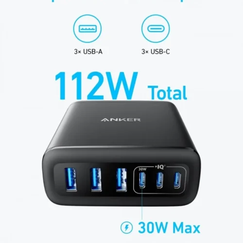 Anker зарядно GaN 112W 3xUSB-A 3xUSB-C черен