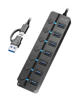 Alternative view of LogiLink USB3.2 Gen1 hub, 7 port on/off switch черен