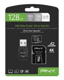 PNY памет card microSDXC Elite Prime 128GB + адаптер SD + USB-A card reader