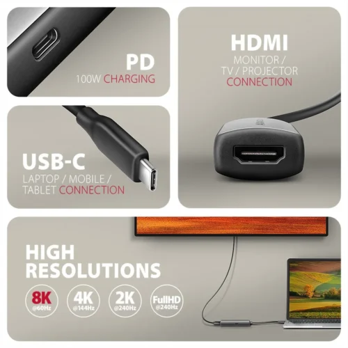 Alternative view of AXAGON RVC-HI8KPD USB-C HDMI 8K адаптер ALU PD 100W