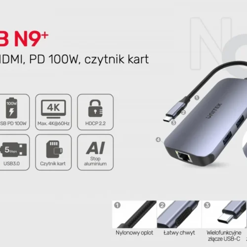 Alternative view of Unitek HUB USB-C 9in1, USB-C, HDMI, PD 100W,SD, D1071
