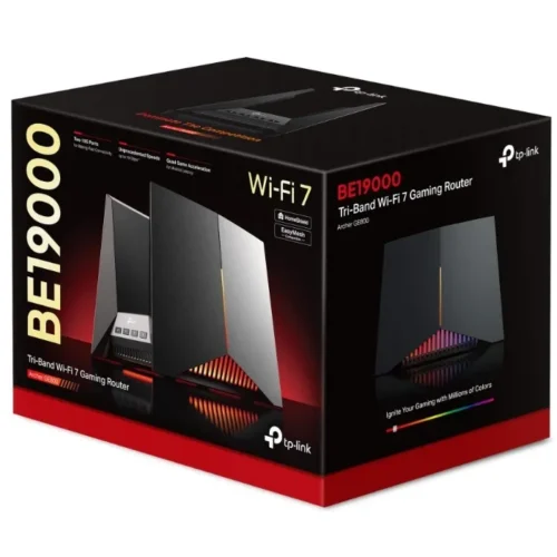 TP-LINK Router BE19000 TriBand Wi-Fi 7 Gaming SPEED: 1376 Mbps at 2.4 GHz + 5760 Mbps at 5 GHz + 11520 Mbps at 6 GHz SPEC: