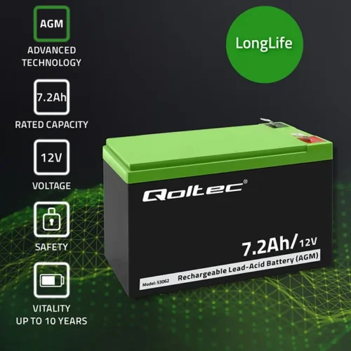 Alternative view of Qoltec AGM battery 12V 7.2Ah, max. 108A
