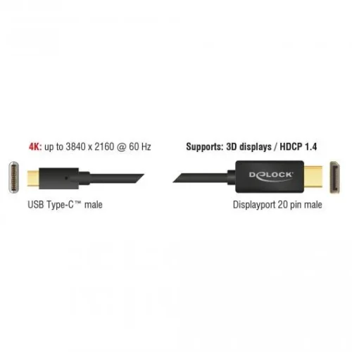 Alternative view of Конвертор Delock, USB-C мъжко - DisplayPort мъжко, 4K 60 Hz, 2 m, Черен