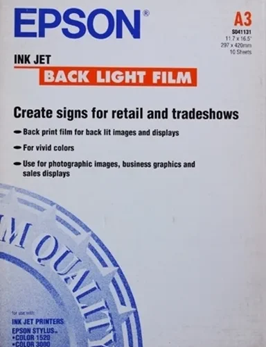 ХАРТИЯ EPSON INK JET BACK LIGHT FILM - A3 Size  - 297 mm x 420 mm - PN 41131 -  10 листа